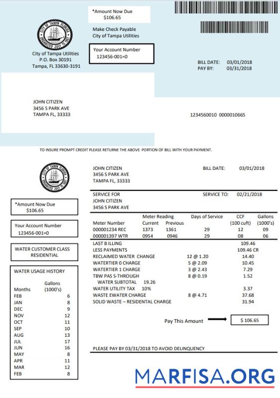 Realistic USA Florida water utility bill template in Word and PDF format